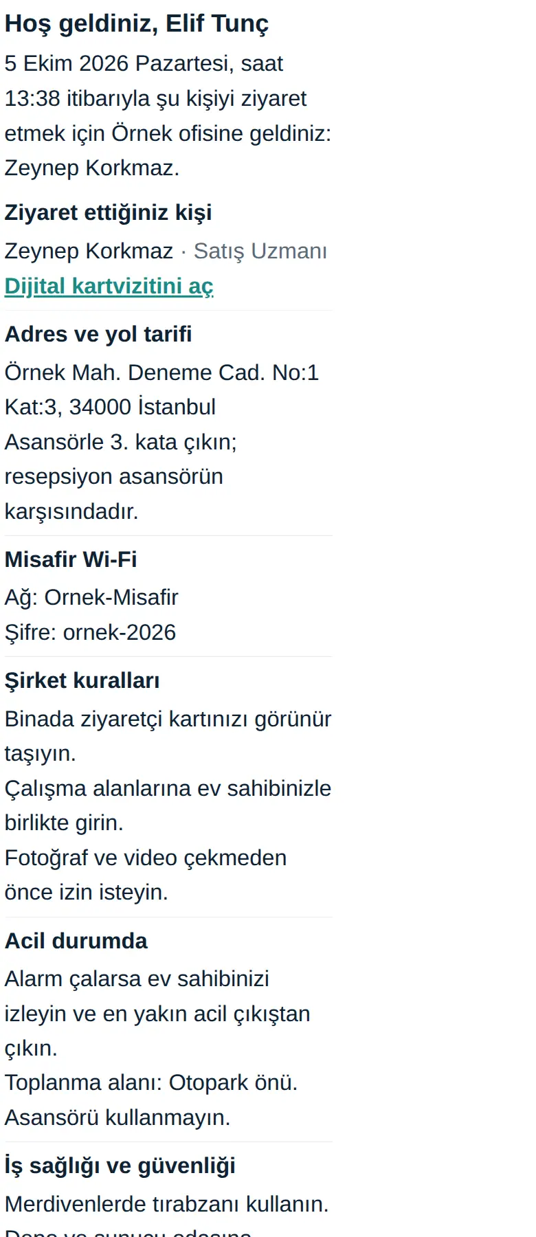 Karşılama e-postası: ziyaret bilgisi, adres, Wi-Fi ve kurallar