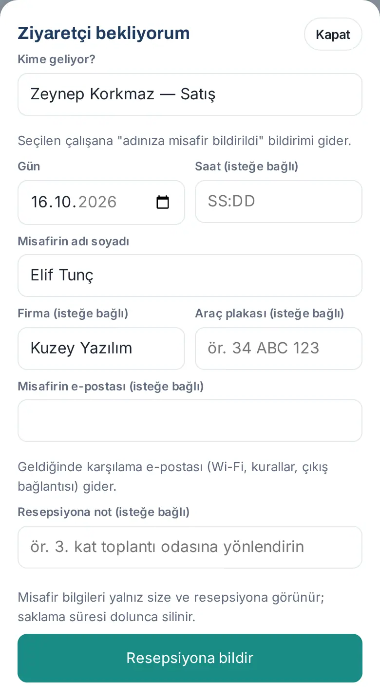 Ziyaretçi bekliyorum penceresi: Kime geliyor? alanında seçilen çalışan ve misafirin bilgileri