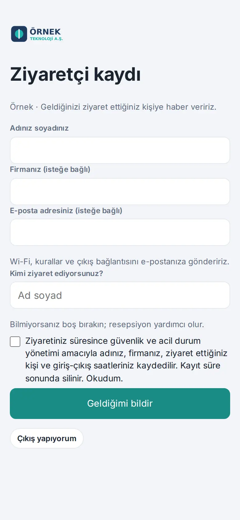 Ziyaretçi kaydı sayfası: ad, firma, e-posta, ziyaret edilen kişi, aydınlatma ve Geldiğimi bildir