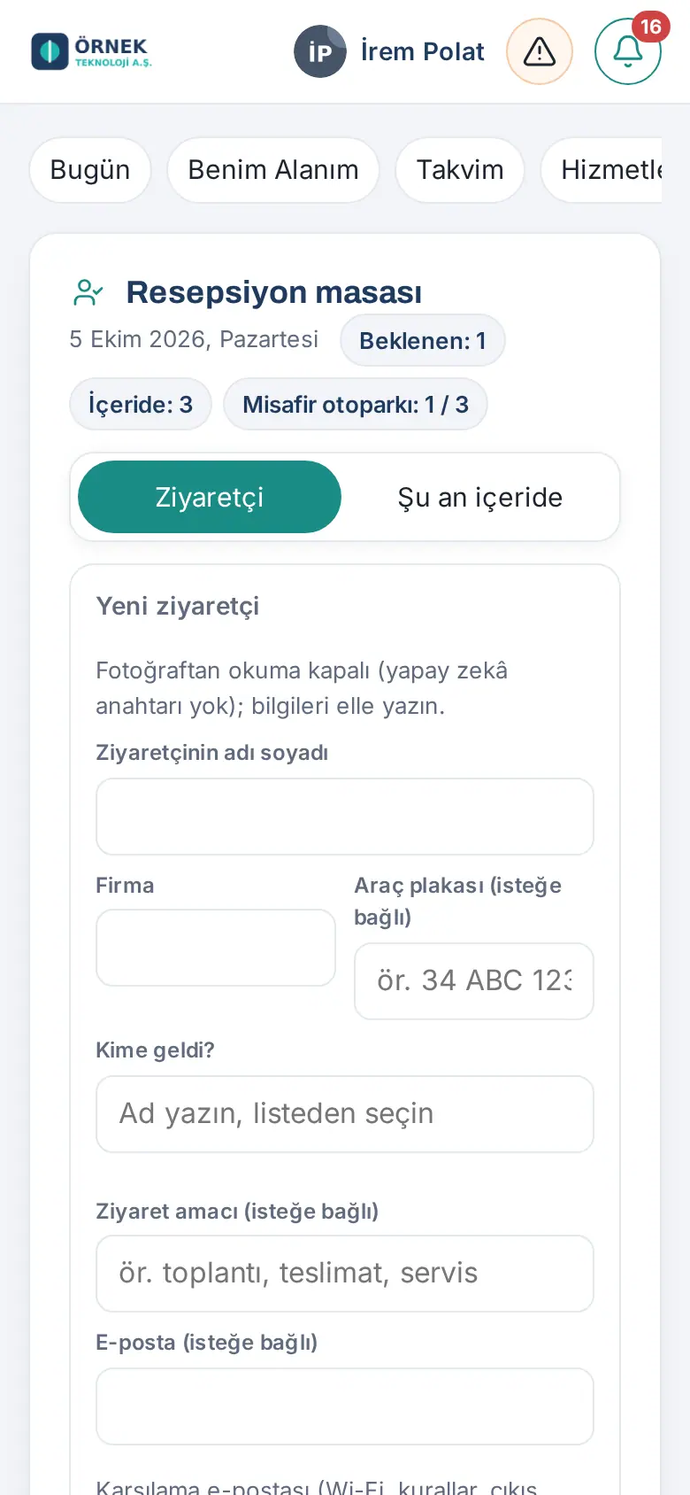 Telefonda Resepsiyon masası: durum şeridi ve Yeni ziyaretçi formu