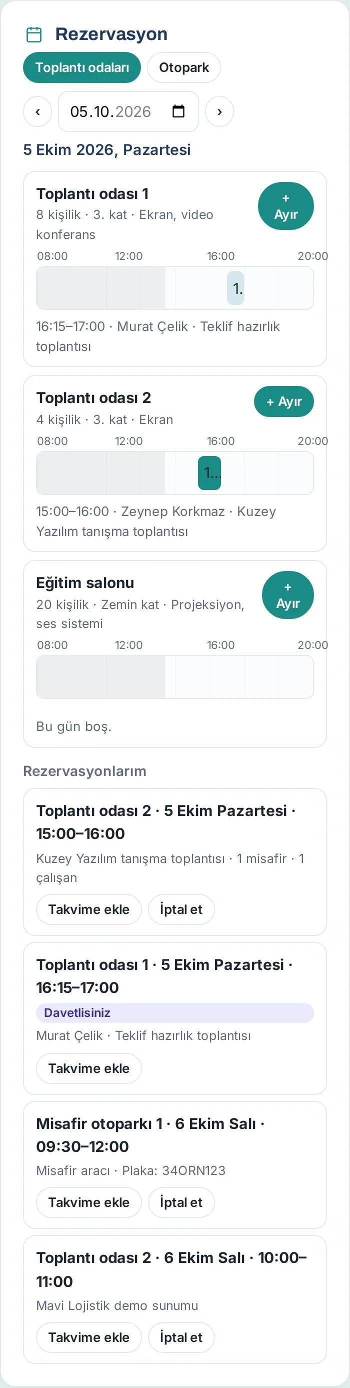 Rezervasyon kutusu: toplantı odalarının gün çizelgesi ve Rezervasyonlarım