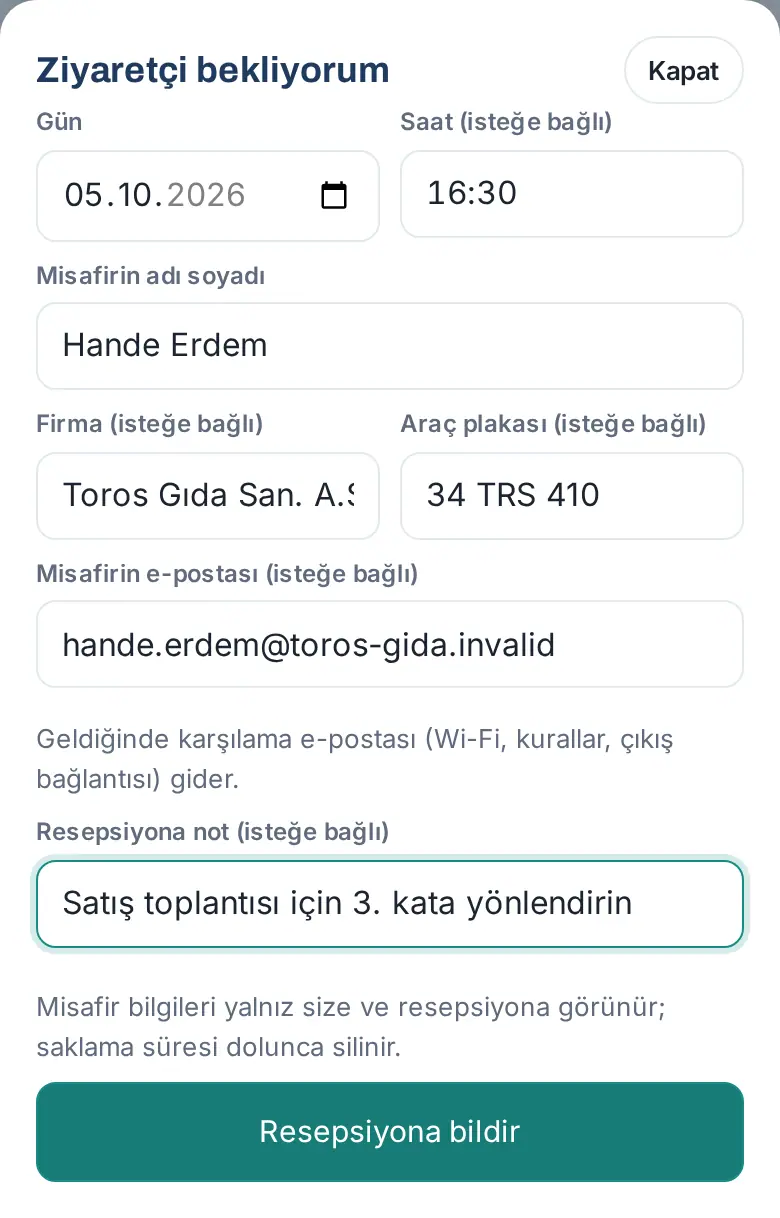 Ziyaretçi bekliyorum penceresi: gün, saat, ad, firma, plaka, e-posta ve resepsiyona not