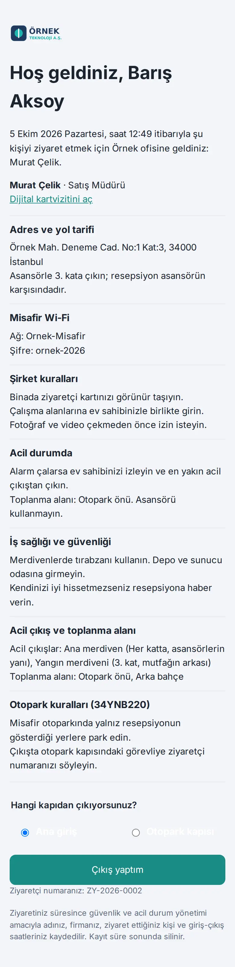 Ziyaretçi bilgi sayfası: Wi-Fi, kurallar, acil çıkış, çıkış noktası ve Çıkış yaptım