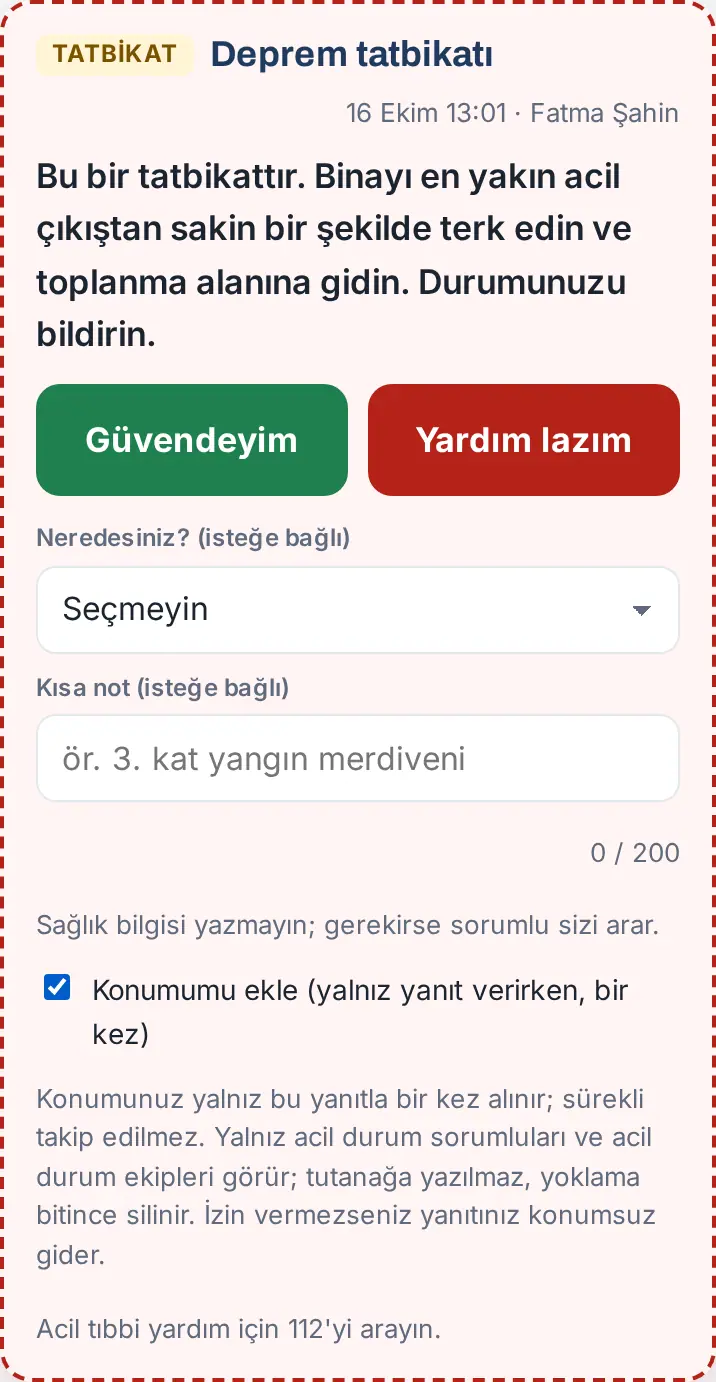 Güvendeyim bandı: Güvendeyim, Yardım lazım, Neredesiniz?, Kısa not ve Konumumu ekle