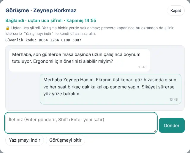 Hekimin görüşme penceresi: güvenlik kodu, iletiler, Yazışmayı indir ve Görüşmeyi bitir