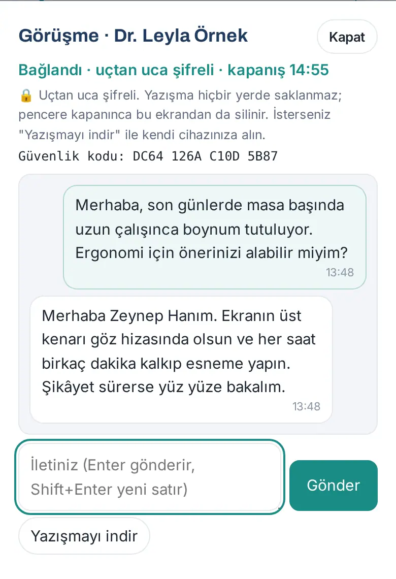 Görüşme penceresi: Bağlandı, uçtan uca şifreli, güvenlik kodu, iletiler, Gönder ve Yazışmayı indir