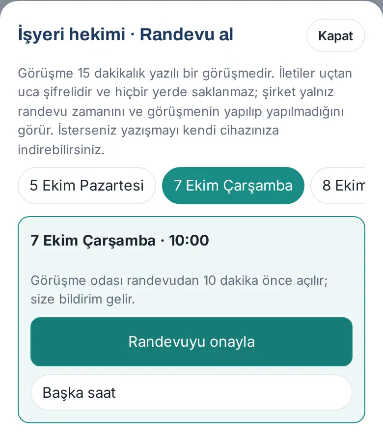Seçilen gün ve saat, Randevuyu onayla ve Başka saat