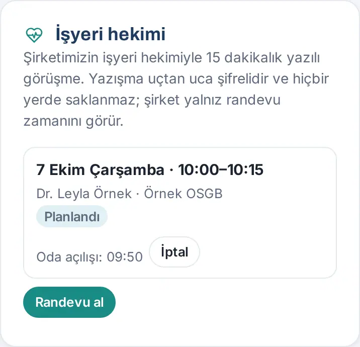 İşyeri hekimi kutusunda planlanmış randevu, Oda açılışı ve İptal