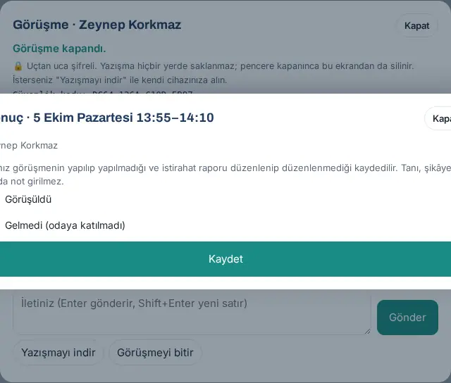 Görüşme kapandı: yazışma yalnız bu ekranda, Yazışmayı indir