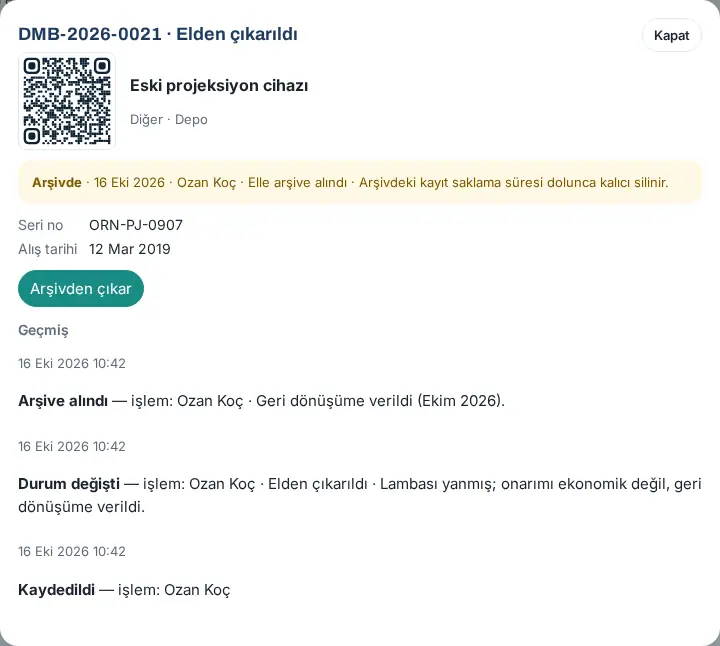 Arşivdeki kayıt: Arşivde bandı, Arşivden çıkar düğmesi ve geçmiş