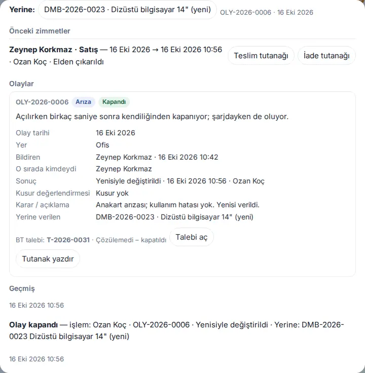 Eski kayıt: Yerine bağı, Önceki zimmetler ve kapanan olayda Sonuç Yenisiyle değiştirildi, Yerine verilen ve bağlı BT talebi