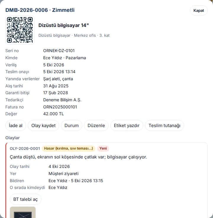 Demirbaş ayrıntısı: karekod, bilgiler, İade al / Olay kaydet / Durum / Düzenle / Etiket yazdır / Teslim tutanağı düğmeleri ve fotoğraflı açık olay