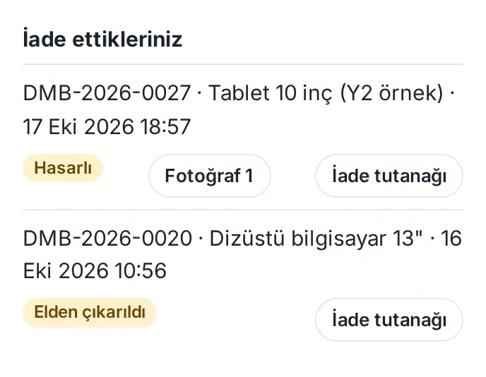 İade ettikleriniz: Hasarlı durumu, Fotoğraf 1 ve İade tutanağı; altında Elden çıkarıldı
