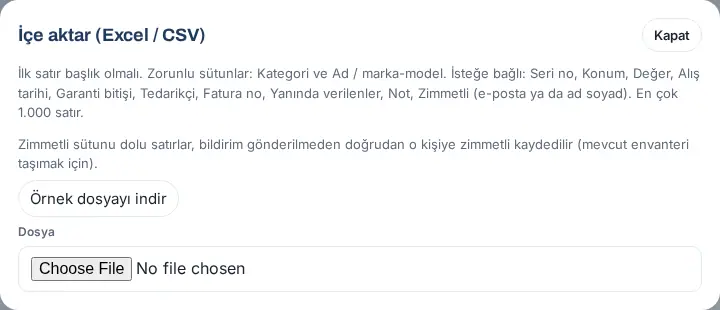 İçe aktar penceresi: sütun açıklaması, zimmetli sütunu notu, Örnek dosyayı indir ve Dosya alanı