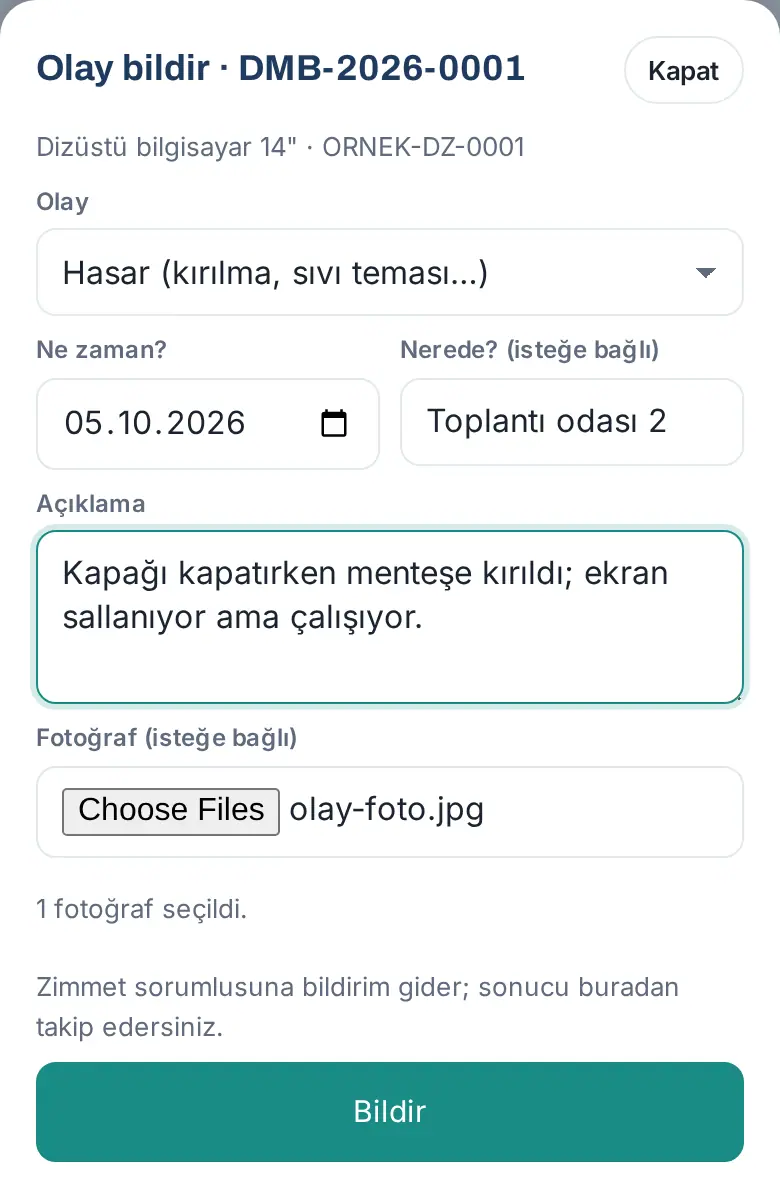 Olay bildir penceresi: olay türü Hasar, tarih, yer, açıklama ve seçilmiş bir fotoğraf