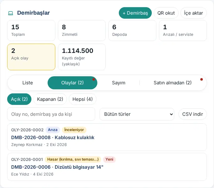Olaylar sekmesi: Açık / Kapanan / Hepsi süzgeçleri, olay türü listesi ve açık iki olay
