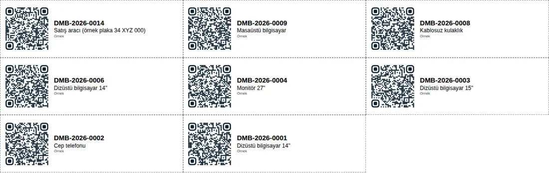 QR etiket sayfası (büyük boy): her etikette karekod, demirbaş numarası, adı ve şirket adı