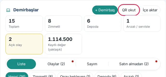 Demirbaşlar ekranının üstü: + Demirbaş, QR okut ve İçe aktar düğmeleri