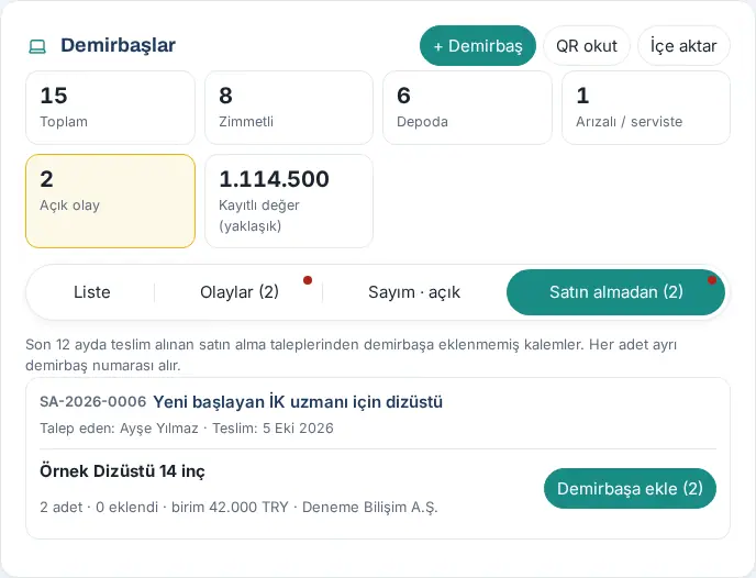 Satın almadan sekmesi: teslim alınmış bir satın alma kalemi, 2 adet, Demirbaşa ekle (2)
