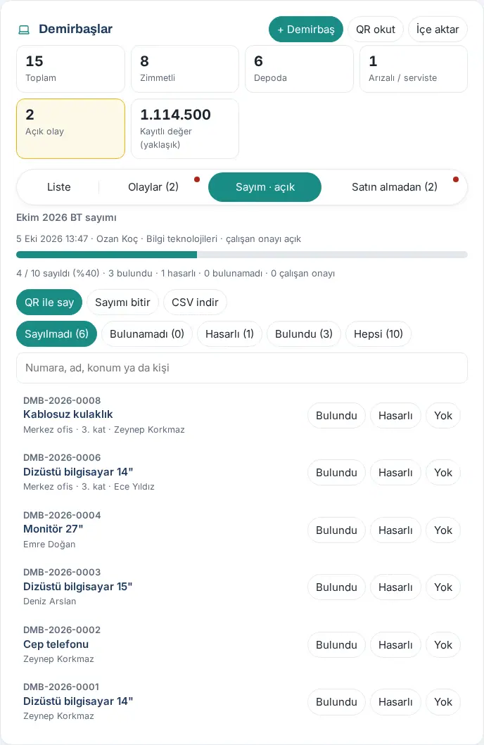 Açık sayım: ilerleme çubuğu, QR ile say / Sayımı bitir / CSV indir, durum süzgeçleri ve her demirbaşta Bulundu / Hasarlı / Yok