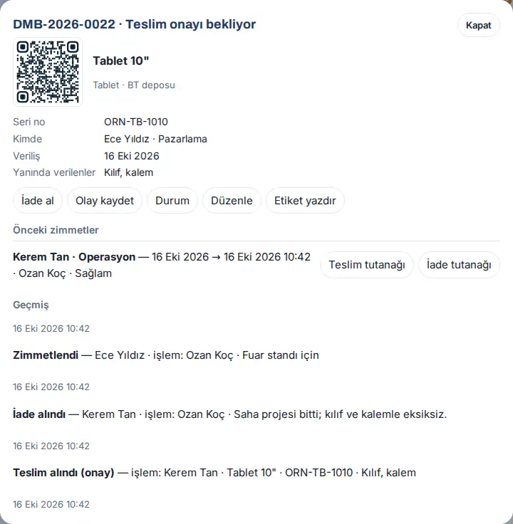 Tablet: şu an Ece Yıldız'da teslim onayı bekliyor; Önceki zimmetler altında Kerem Tan dönemi, Teslim tutanağı ve İade tutanağı