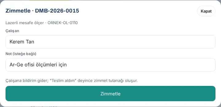 Zimmetle penceresi: Çalışan ve Not alanları