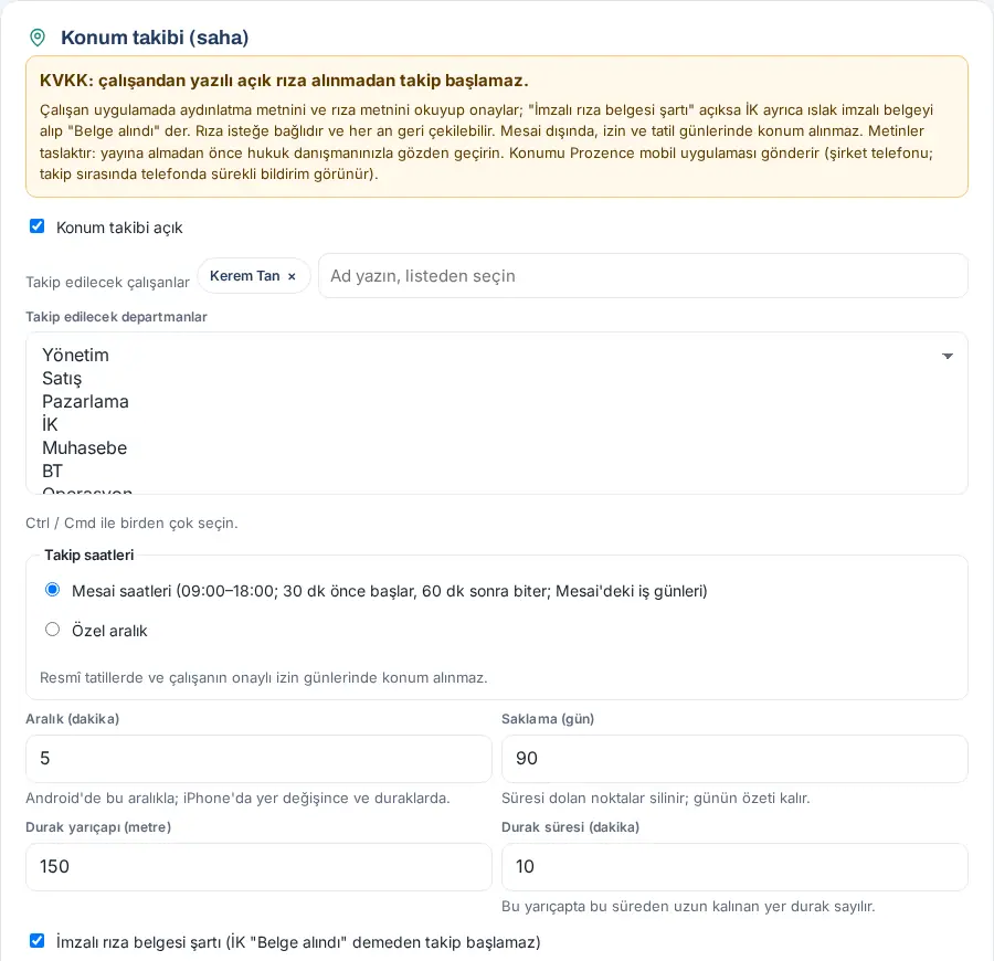 Konum takibi ayarları: KVKK uyarısı, takip edilecekler, saatler ve süreler