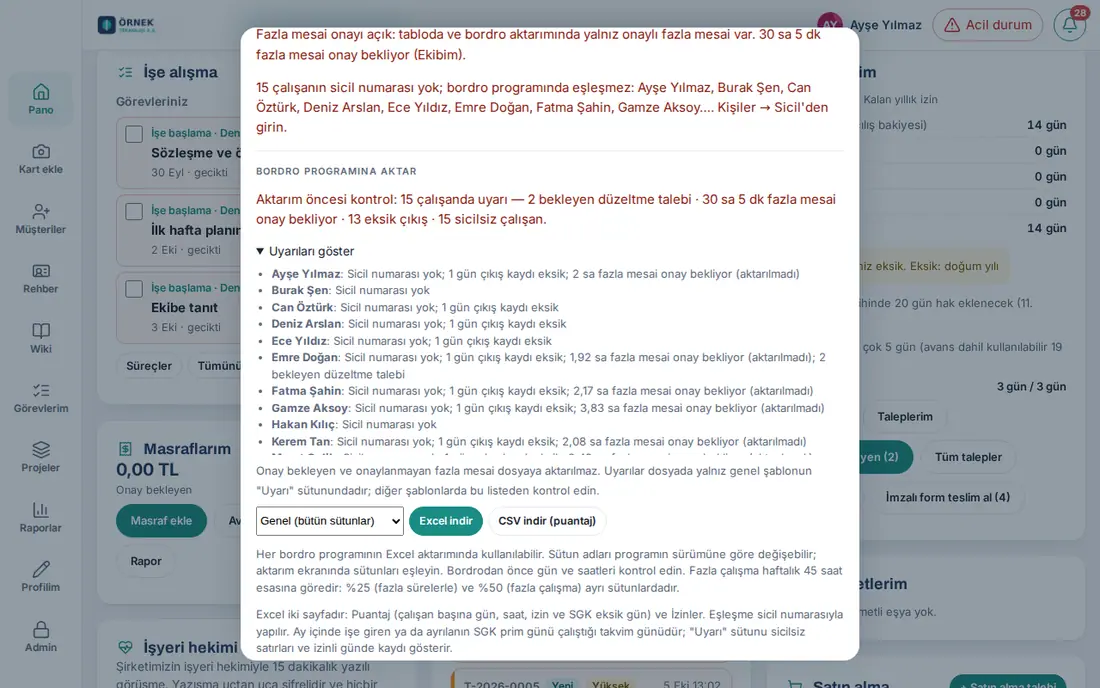 Aktarım öncesi kontrol: uyarı özeti, Uyarıları göster listesi, program seçimi ve Excel indir