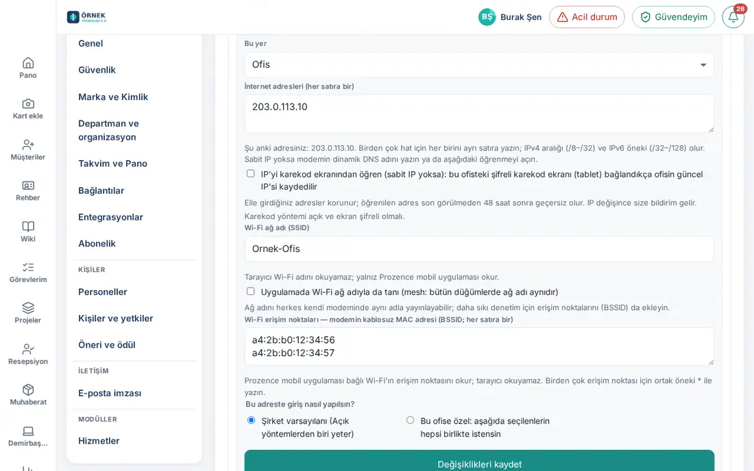 Ofisi düzenle: İnternet adresleri ve Şu anki adresiniz notu, IP'yi karekod ekranından öğren, Wi-Fi ağ adı, Uygulamada Wi-Fi ağ adıyla da tanı ve erişim noktaları