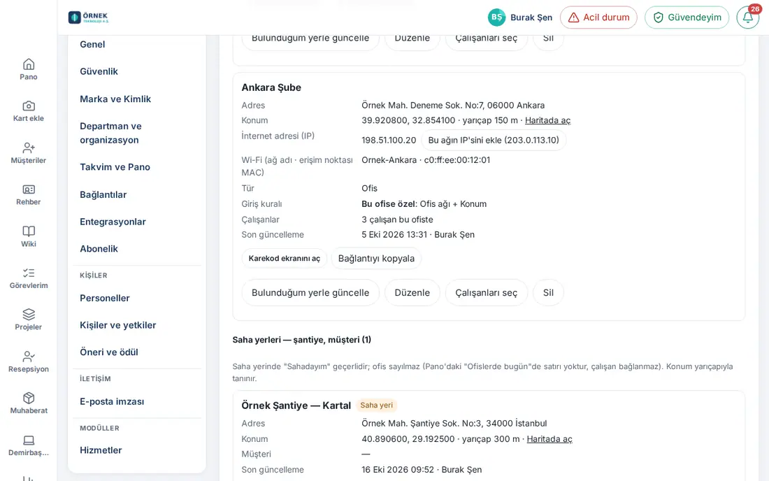 Ankara Şube kartında Bu ağın IP'sini ekle düğmesi; altında Saha yerleri listesi