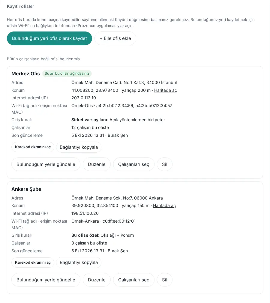 Kayıtlı ofisler: Merkez Ofis (şirket varsayılanı) ve Ankara Şube (bu ofise özel: ofis ağı + konum)