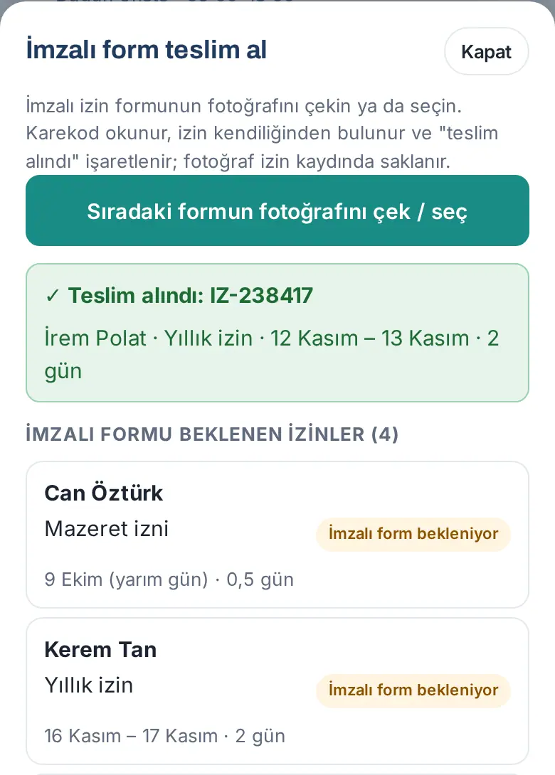 Karekodla tanınan form: Teslim alındı ve güncellenen liste