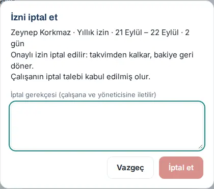 İzni iptal et penceresi: Çalışanın iptal talebi kabul edilmiş olur, İptal gerekçesi, Vazgeç ve İptal et