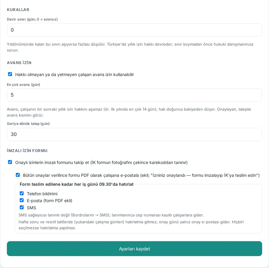 Kurallar, avans izin ve imzalı izin formu ayarları