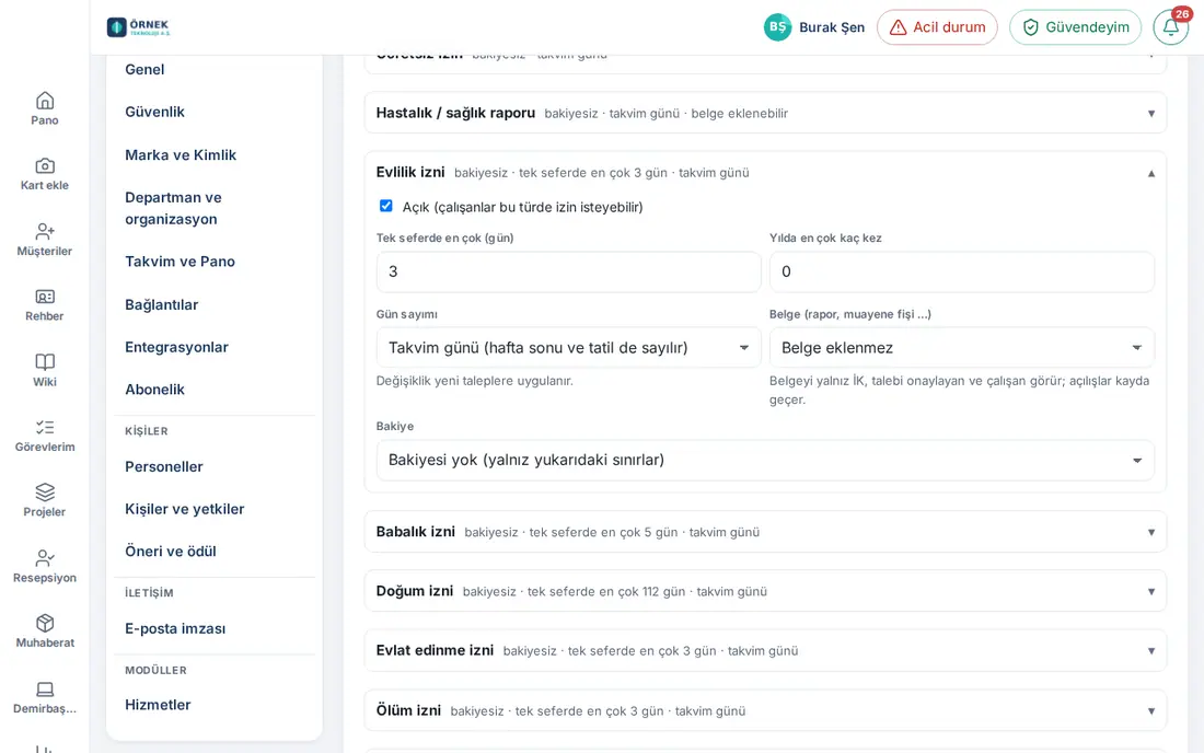 Evlilik izni kartı: Açık, Tek seferde en çok 3 gün, Gün sayımı takvim günü, Belge ve Bakiye
