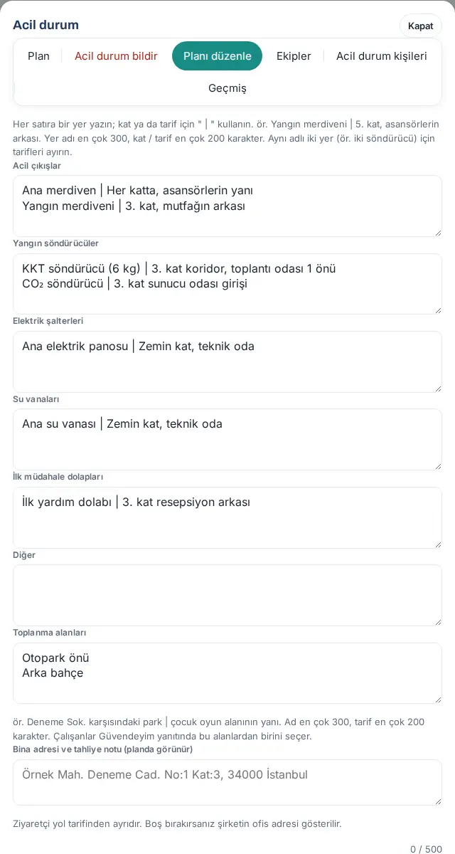Planı düzenle: yer kutuları ve sınırları, toplanma alanları ve bina adresi