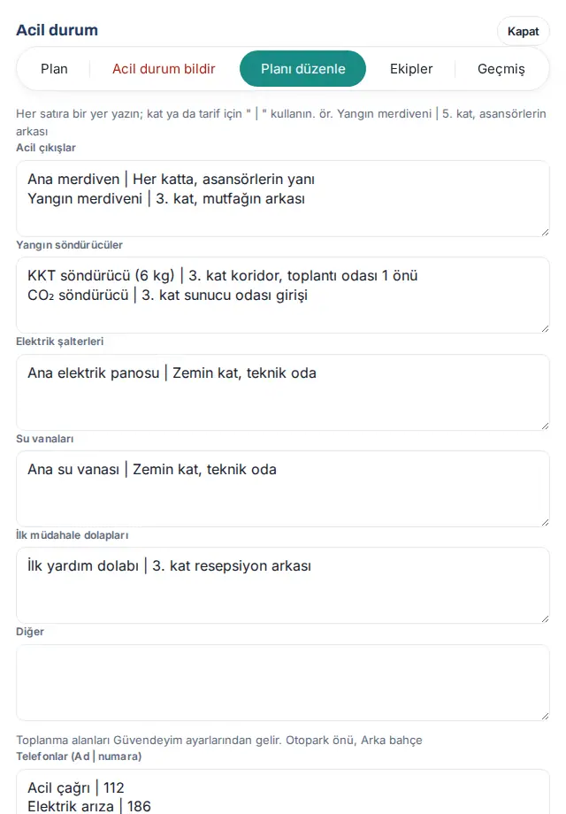 Planı düzenle: yerler, telefonlar, talimatlar, tahliye krokisi ve ziyaretçi bilgilendirme