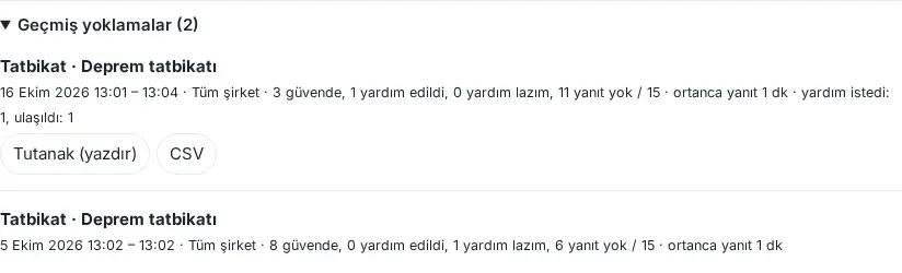 Geçmiş yoklamalar: biten tatbikat, Tutanak (yazdır) ve CSV
