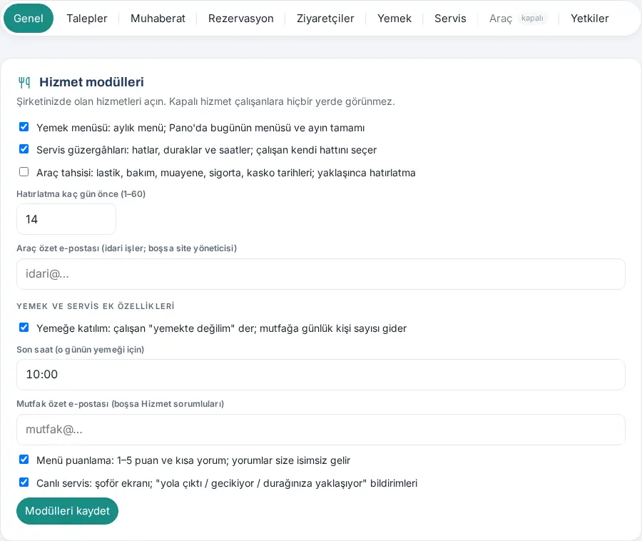 Hizmetler alt sekmeleri ve Genel sekmesinde Hizmet modülleri