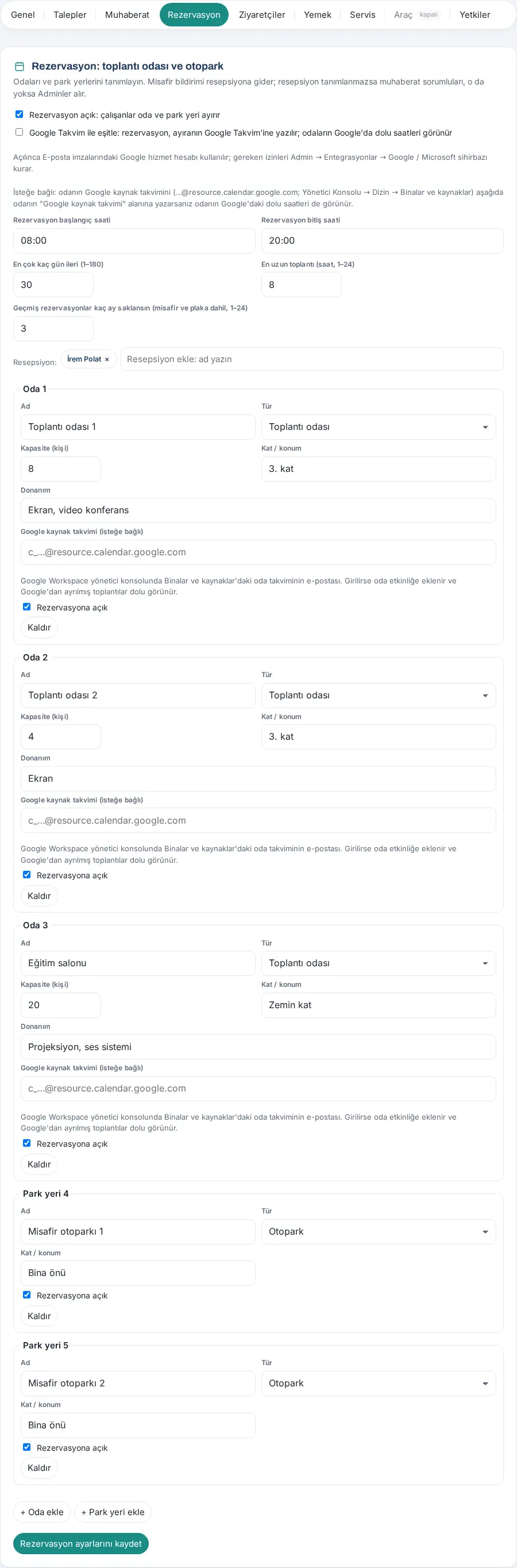 Rezervasyon ayarları: açık, Google Takvim, saatler, sınırlar, resepsiyon ve kaynaklar