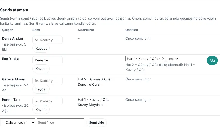 Servis ataması: çalışanlar, semt, şu anki hat, önerilen hat ve Ata
