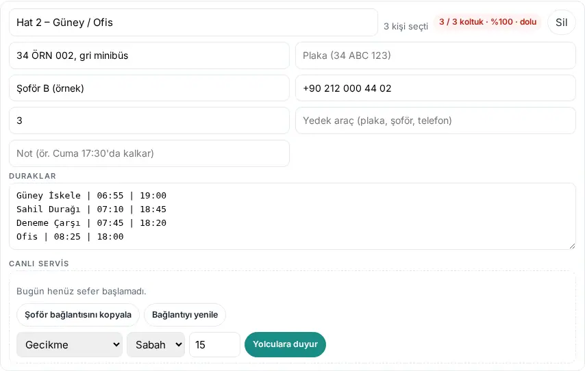 Servis hattı: hat adı, seçen kişi sayısı ve doluluk rozeti, araç, plaka, şoför, telefon, koltuk, yedek araç, duraklar ve Canlı servis