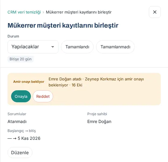 Amir onayı bekleyen görev: Onayla ve Reddet