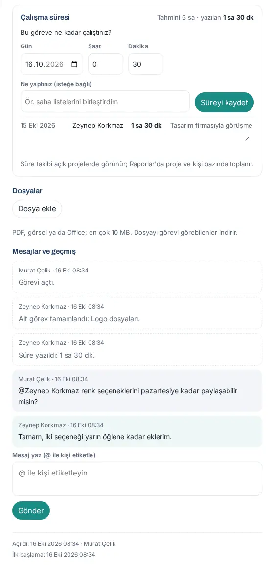 Çalışma süresi, dosyalar ve Mesajlar ve geçmiş bölümleri