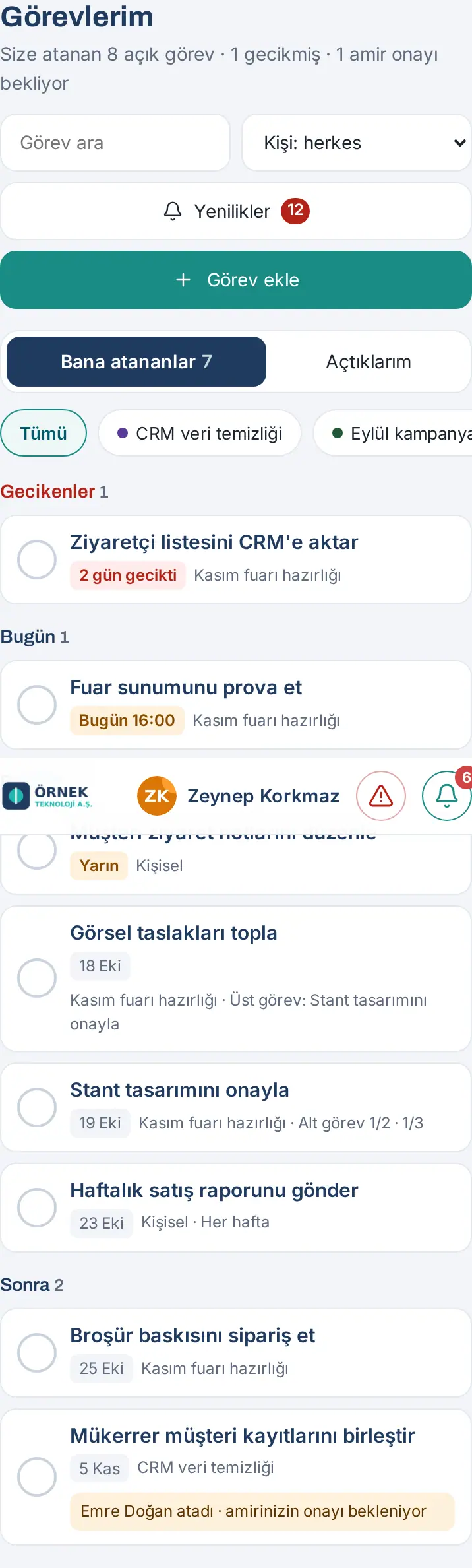 Görevlerim, telefonda: sekmeler, proje çipleri ve Gecikenler, Bugün, Bu hafta, Sonra grupları