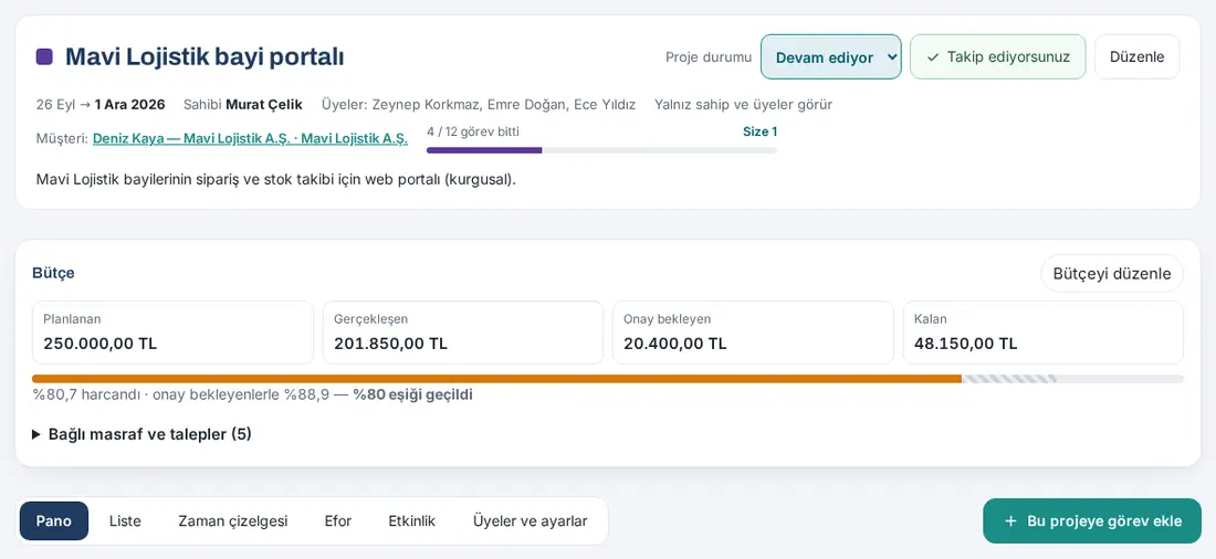 Proje içi: başlık ve müşteri, Bütçe kartı ve Pano, Liste, Zaman çizelgesi, Efor, Etkinlik, Üyeler ve ayarlar sekmeleri