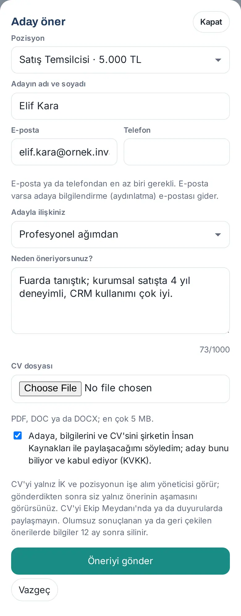 Aday öner penceresi: pozisyon, aday bilgileri, ilişki, neden, CV ve KVKK beyanı