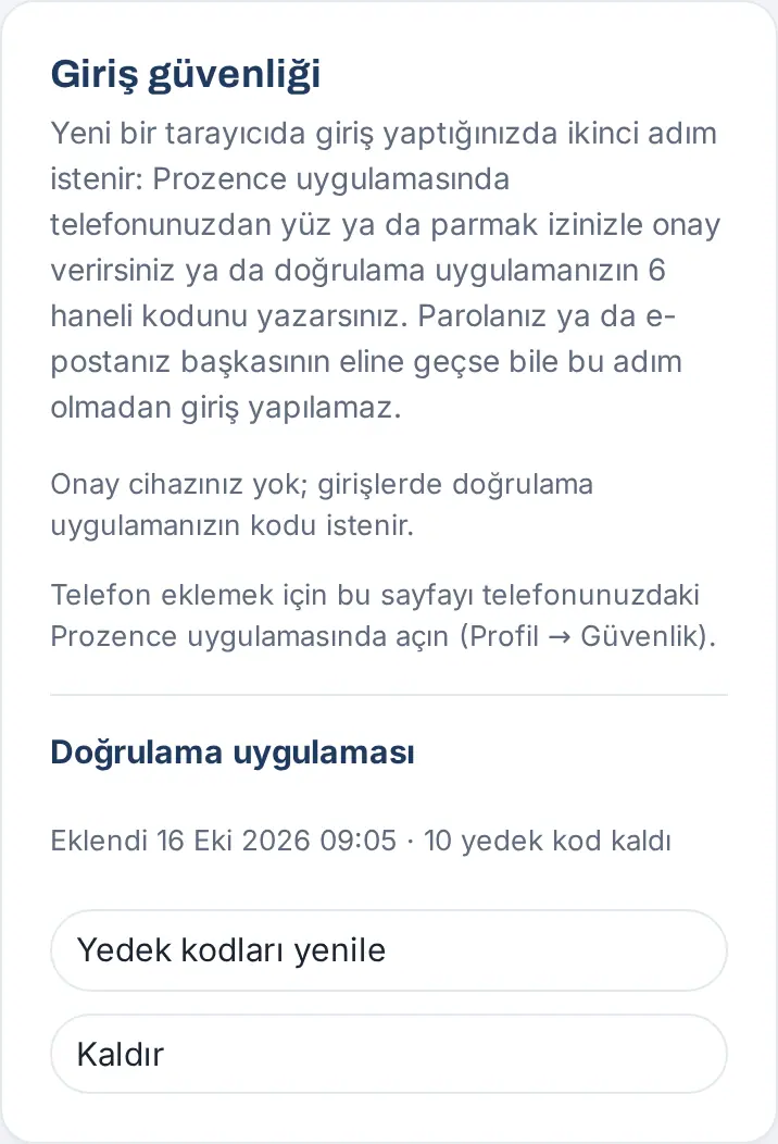 Doğrulama uygulaması eklendi: Eklendi tarihi, 10 yedek kod kaldı, Yedek kodları yenile ve Kaldır