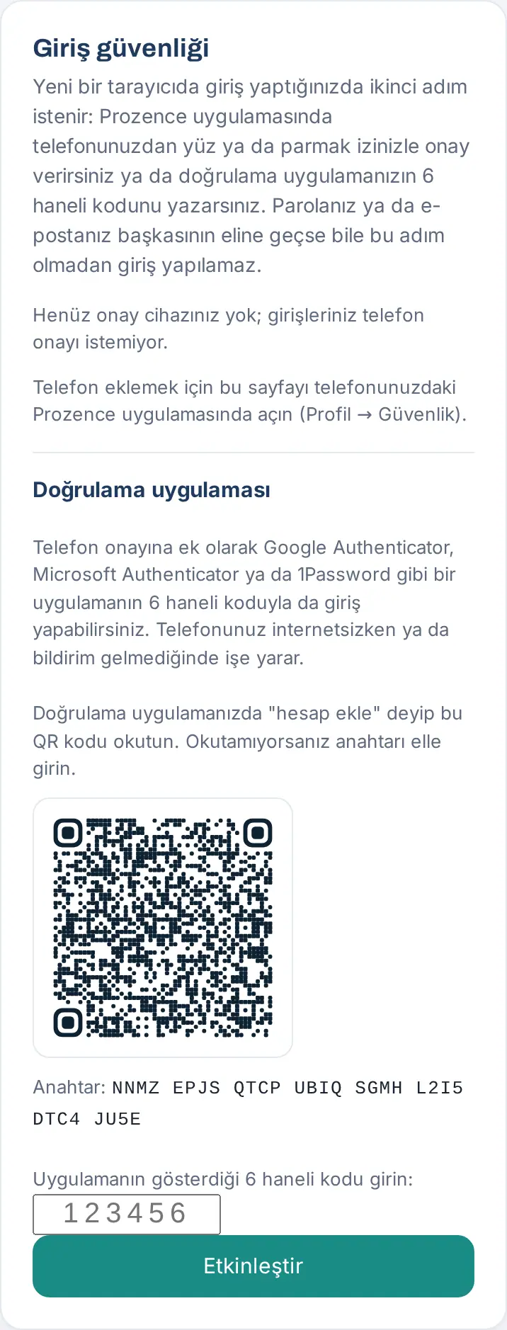 Doğrulama uygulaması ekleme: QR kodu, Anahtar ve 6 haneli kod kutusu, Etkinleştir
