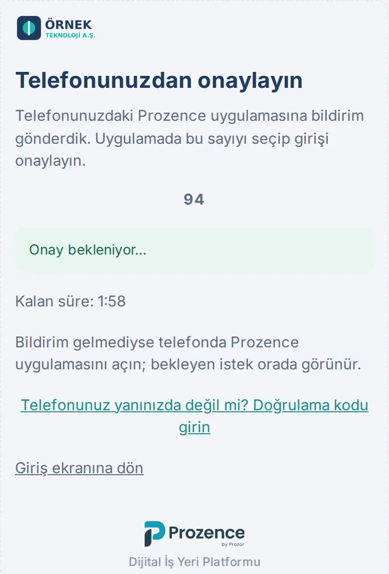Tarayıcıda Telefonunuzdan onaylayın ekranı: iki haneli sayı, Onay bekleniyor, kalan süre ve doğrulama kodu bağlantısı